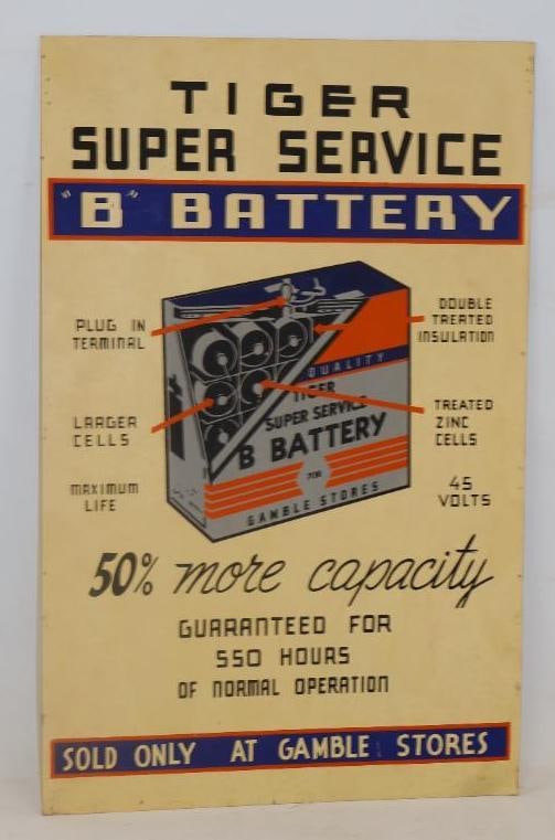 Tiger Super Service "B" Battery Advertising Cardboard Sign: 22" x 14"
