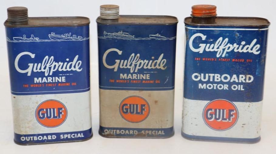 Group of 3 Gulfpride Marine and Outboard Metal One Quart Oil Cans (1 of 2)