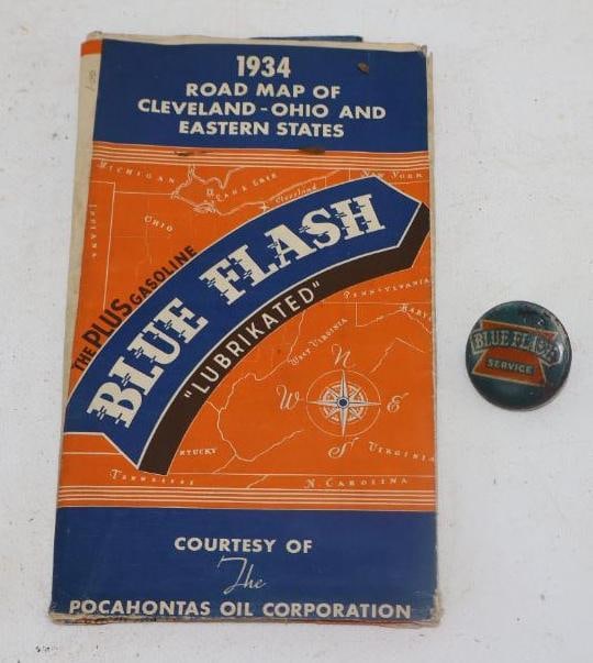 Group of 2 Blue Flash Pocahontas Oil Advertising Map and Knob: largest 8" x 4.5"