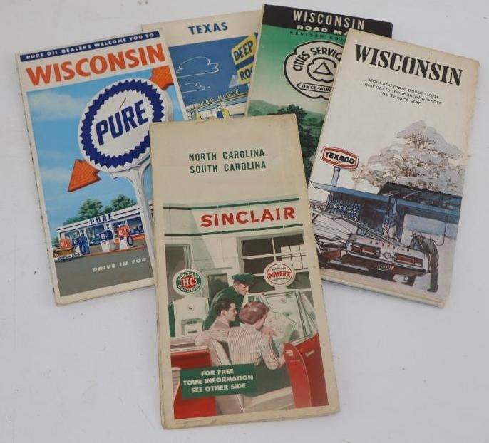 Group of 5 Different Road Maps, TEXACO, Cities Service, Pure, Deep Rock, Sinclair (1 of 2)
