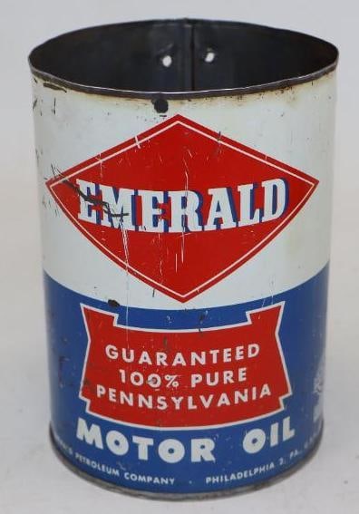 Emerald Metal 1 Quart Oil Can: 32 ounces empty missing top lid has 3 holes around top