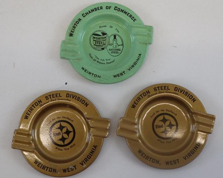 Group of 3 Weirton Steel Advertising Ash Trays: 4" diameter each