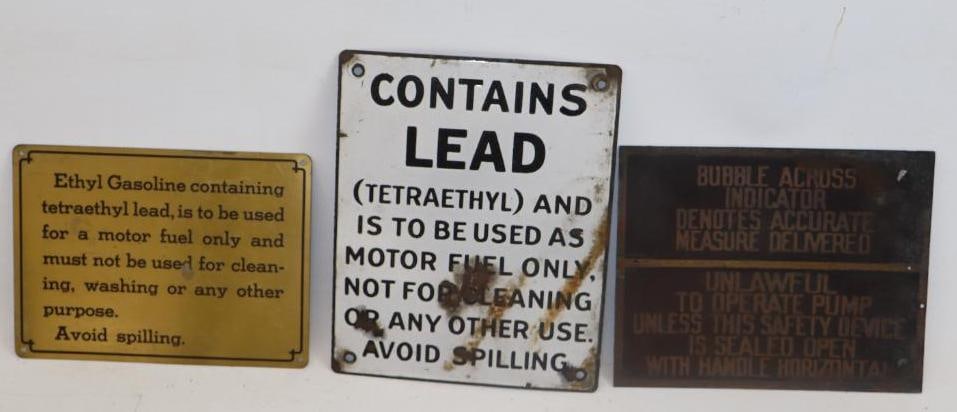 Group of 3 Porcelain Contains Lead and Brass Ethyl Gas Warning Signs (1 of 5)