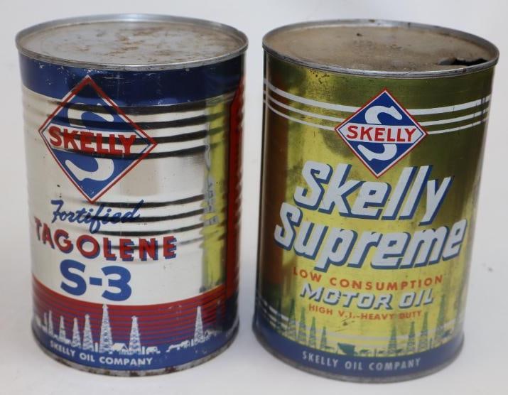 Group of 2 Skelly Supreme and Tagolene S-3 Metal One Quart Oil Cans: Both are empty