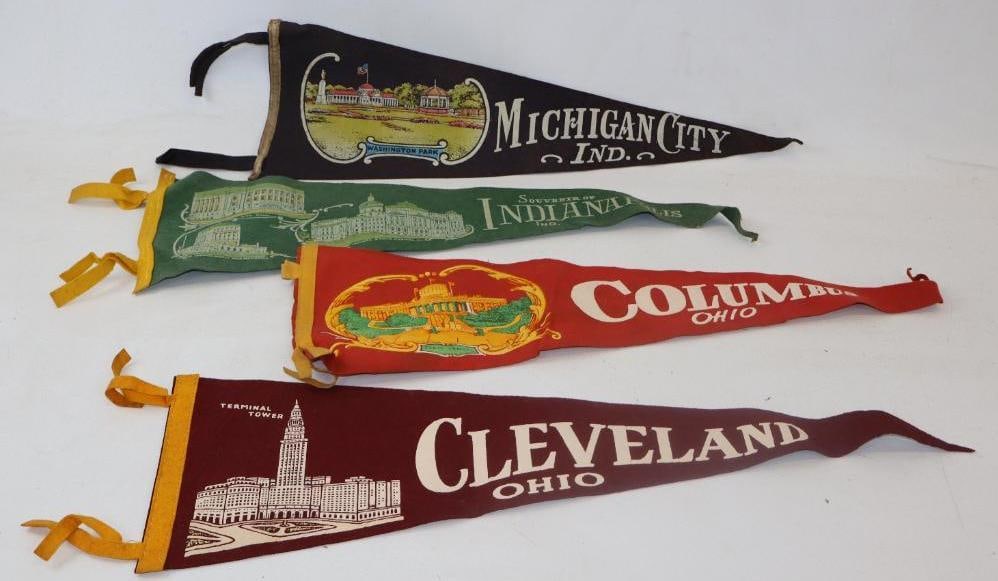 Group of 4 Indiana And Ohio Advertising Felt Pennants: 26" x 8" largest