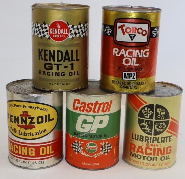 Group of 5 Kendall, Torco, Pennzoil, Castrol, and Lubriplate Racing One Quart Oil Cans (1 of 2)