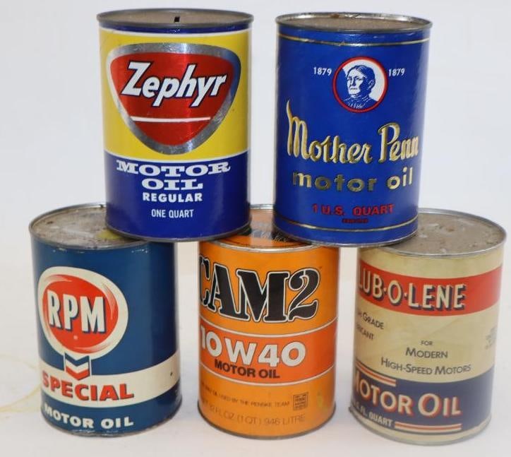 Group of 5 Mother Penn, Sunoco, Zephyr RPM, and Lube-o-Lene One Quart Oil Cans (1 of 2)