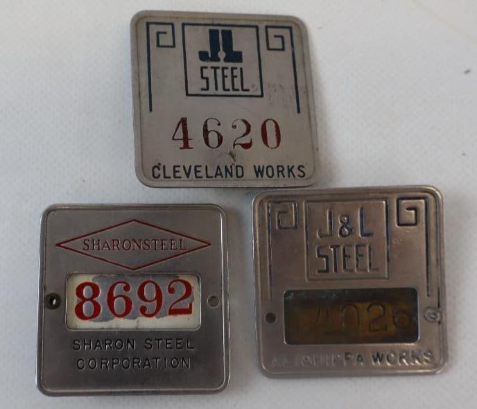 Group of 3 Sharon And JL Steel Employee Pin Back Badges: 1.75" x 1.75" each