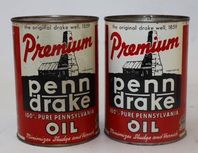Group of 2 Penn Drake Premium 1qt Metal Oil Cans: Both empty one missing top lid