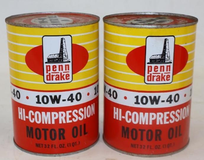 Group of 2 Penn Drake Hi-Compression Metal 1qt Oil Cans: both are empty