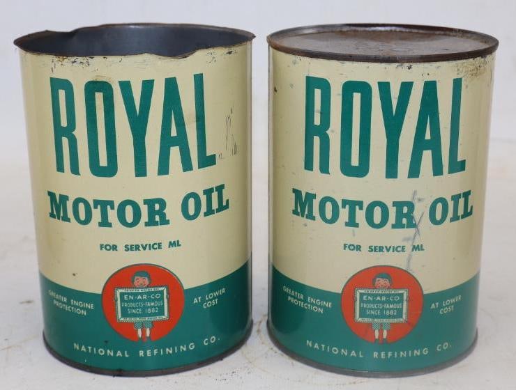 Group of 2 National En-Ar-Co Royal Metal 1qt Oil Cans: One missing top lid