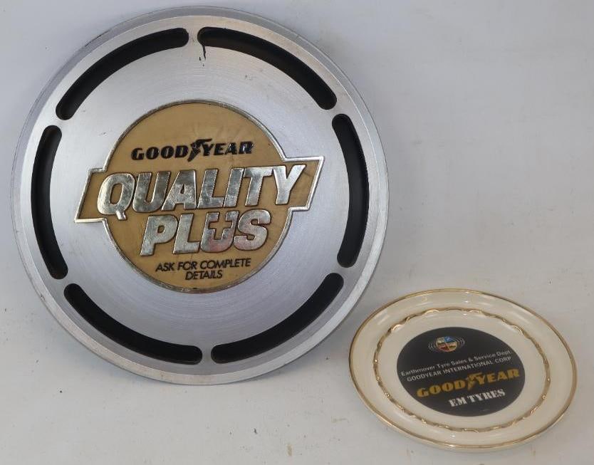 Group of 2 Goodyear International Advertising Ashtray and Quality Plus Wheel Insert Display Sign: largest 15" diameter