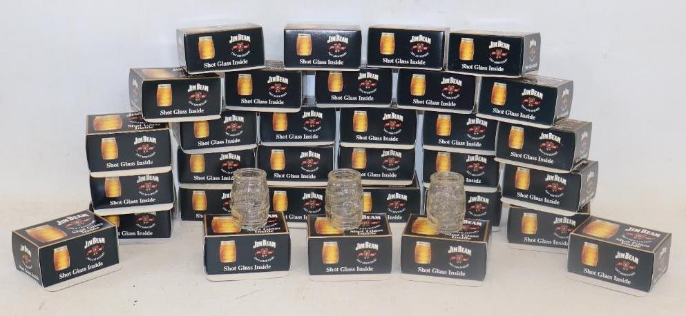 Group of 32 Jim Beam Shotglasses in Original Box: 3" x 2.25" x 1.5" each