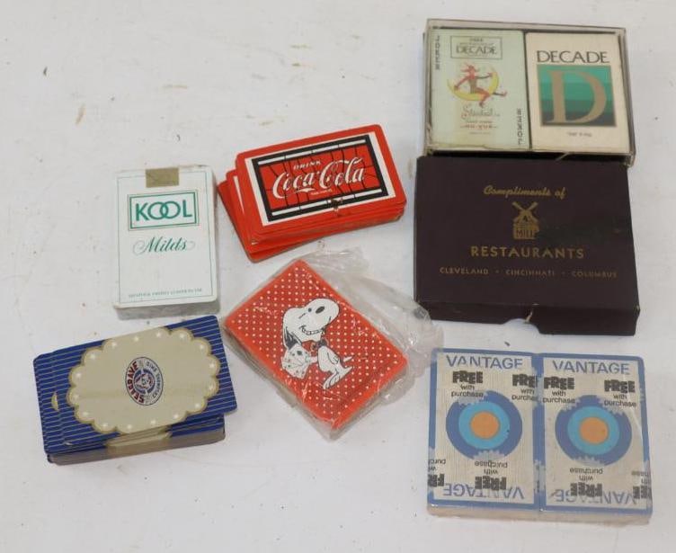Group of 10 Advertising Decks of Playing Cards Coke, Seagrave, Kool, Vantage: largest 5" x 4" x .5"