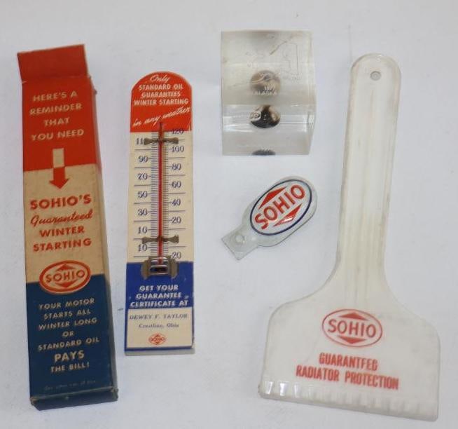Group of 4 Sohio Ice Scraper, Noise Maker, Paper Weight And Thermometer w/ Original Box (1 of 2)