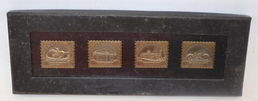Group of 4 Bronze Pony Express Ride Advertising Pin Back Badges in Display Case (1 of 4)