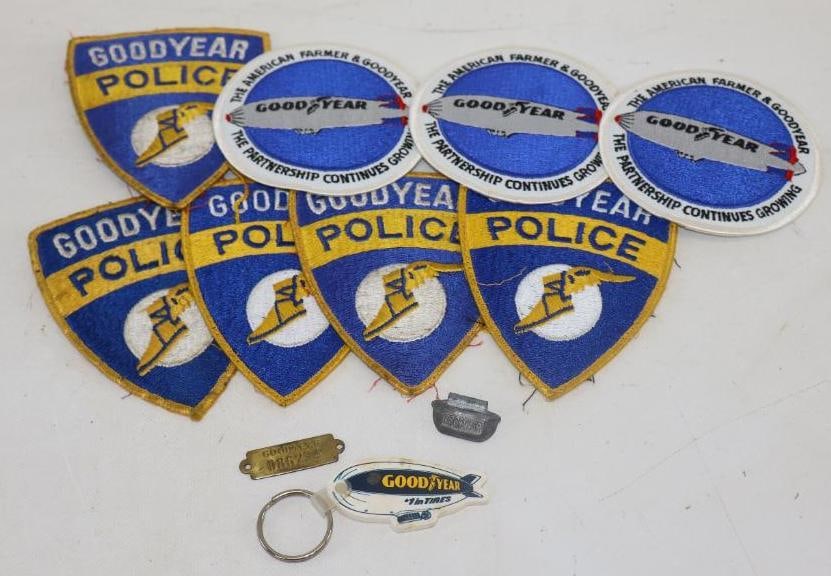 Group of 11 Goodyear Police Patches, Key Chain , Brass Tag And Embossed Tire Weight (1 of 5)