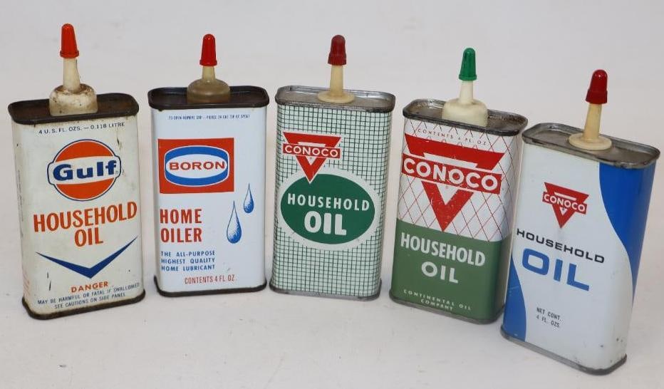 Group of 5 Conoco Gulf and Boron Handy Oiler Cans: 4 ounces each