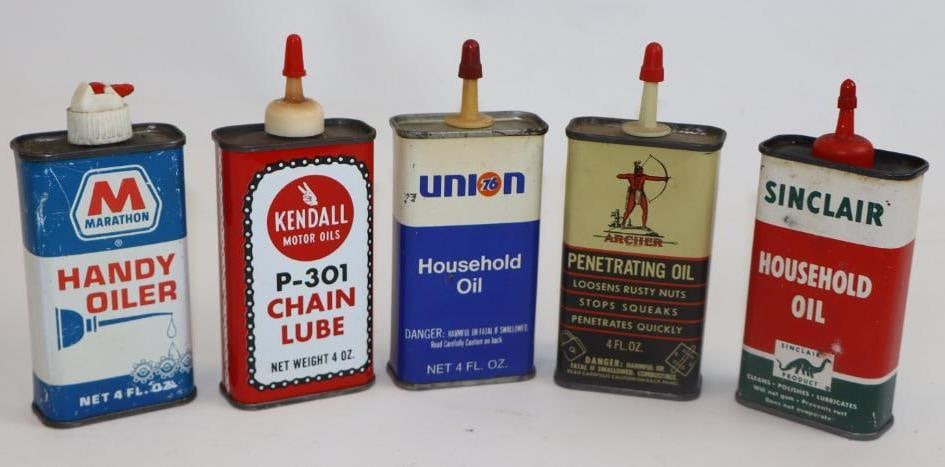 Group of 5 Kendall, Marathon, Sinclair, Archer and Union 76 Handy Oiler Cans (1 of 2)
