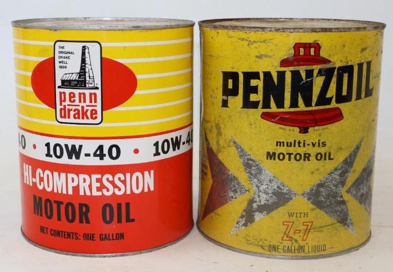 Group of 2 Penn Drake And Pennzoil 1 Gallon Metal Oil Cans: Both empty