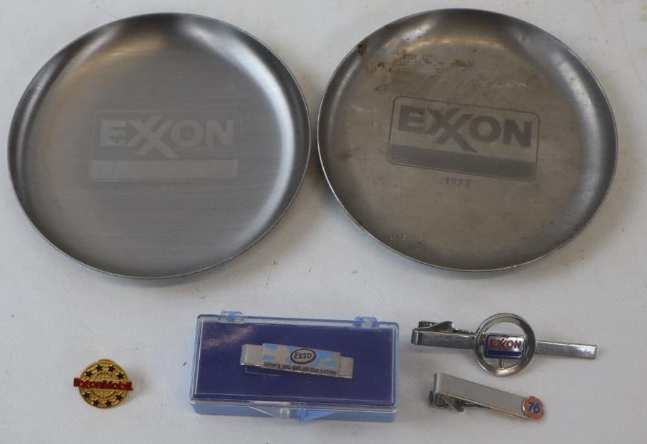 Group of 6 Esso, Exxon, Mobil, And Union 76 Tie Tacks And Stainless Steel Trays: 5" diameter largest