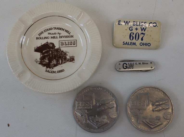 Group of 5 Bliss Rolling Mill Division Advertising Ash Tray Tokens, Knife And ID Badge (1 of 8)