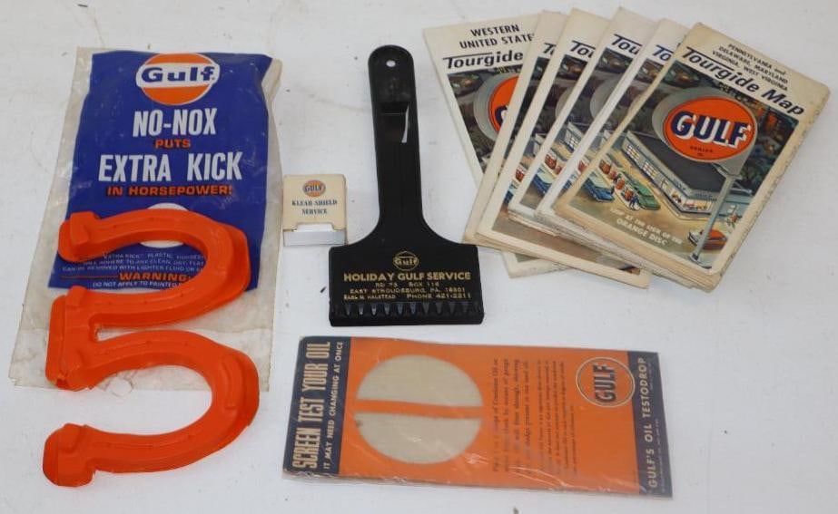 Group of 10 Gulf Advertising Maps, Ice Scraper And Gas Station Give A Ways: 9" x 4" largest