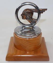 1930's Pontiac Indian Radiator Cap Hood Ornament Mounted On Custom Oak Base