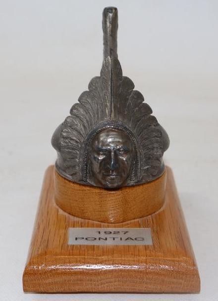 1927 Pontiac Indian Radiator Cap Hood Ornament Mounted On Custom Oak Base (1 of 5)