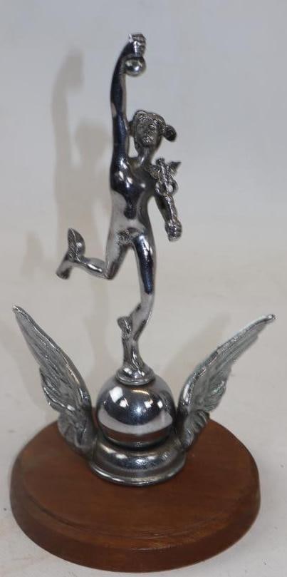 1920's Hermes Mercury Radiator Mascot Hood Ornament: 5.25" x 5.25" x10" mounted on wood base