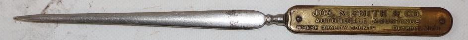 Jos. Smith & Co. Automobile Mounting Detroit Michigan Letter Opener: 9" x .50" handle is brass