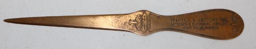 Starter & Battery Co. Great Falls Montana Brass Letter Opener: 8" x 1"