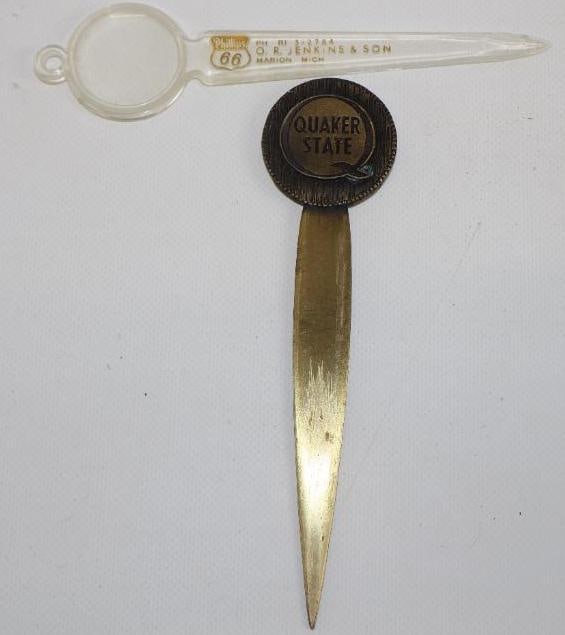 Group of 2 Phillips 66 And Quaker state Letter Openers: 6.25" x 1.50" largest Quaker state is brass