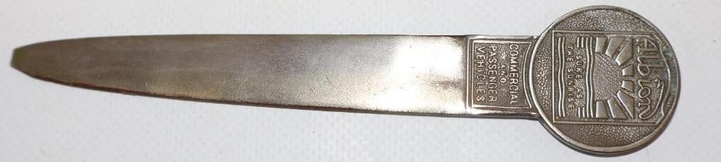 Embossed Albion Motors LTD Letter Opener: 5.25" x 1.25" Tip is missing