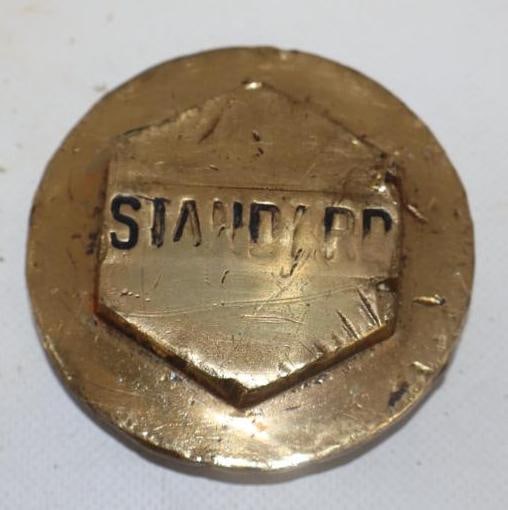 1912 Standard of Great Britian Brass Threaded Automobile Hubcap: 3" diameter