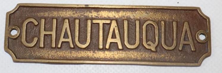 1911 Brass Embossed Chautauqua Steam Car Name Plate Emblem: 3.75" x 1"