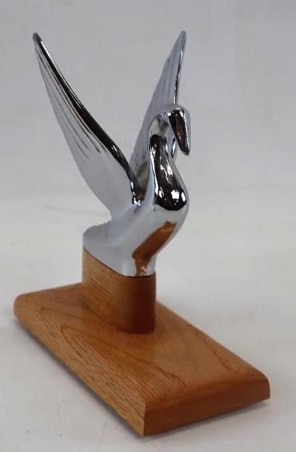 1930's Packard Cormorant Styled Aftermarket Hood Ornament Mounted On Custom Oak Base: 7" x 4.50" x 8"