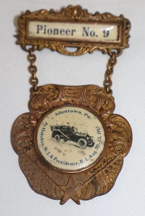 1913 Pioneer Number 9 Brass And Cloisonne Pin Back Badge: 4" x 2.25"