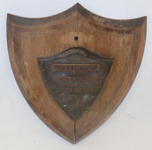 1935 Brass Mounted On Wood Distinguish Chevrolet Sales Record Award Plack: 10" x 11"