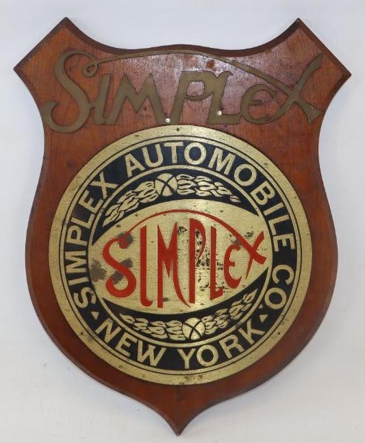 Simplex Automobile Co. Advertising Wall Plaque: 16" x 12" made of wood and brass