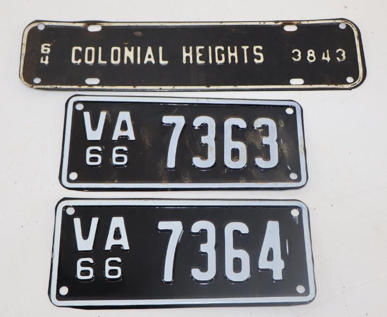 Group of 3 1964 Colonia Heights Virginia License Plate Extension and 1966 VA Motorcycle Plates: 12" x 3" largest