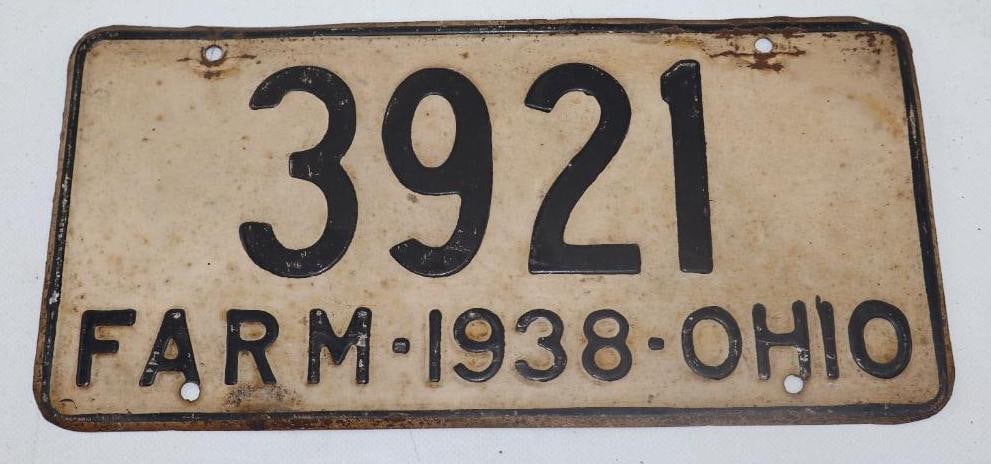 1938 Ohio Farm License Plate: 12" x 5.75"