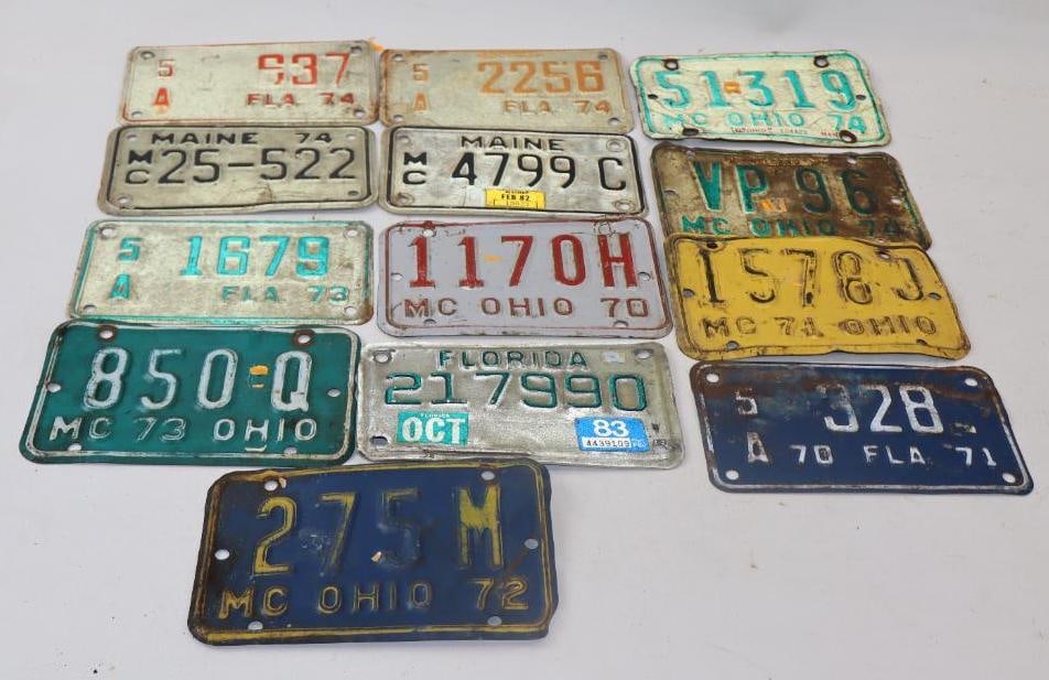 Group of 13 Florida, Ohio, Maine Motorcycle License Plates: 7" x 4.25" each