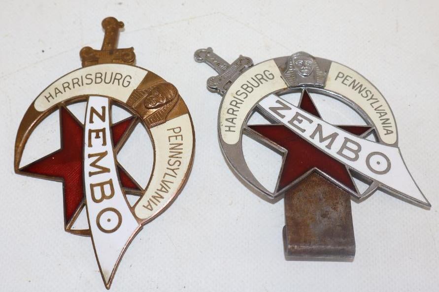Group of 2 Cloisonne Zembo Masonic Harrisburg PA Radiator Emblem Badge And Topper: 4.50" x 4" largest