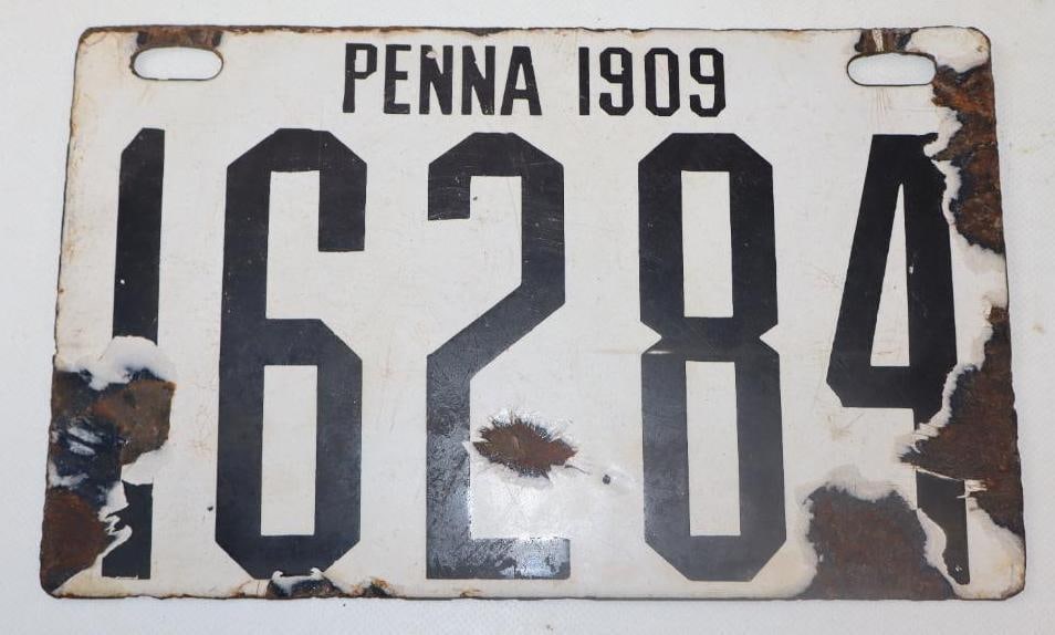 1909 Porcelain Penna License Plate: 10.5 x 6.5"