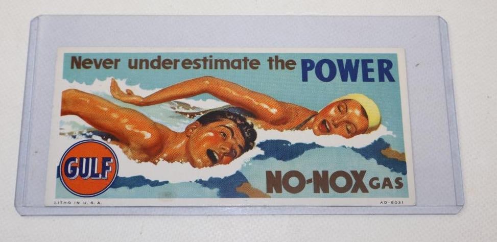 GULF NO-NOX GASOLINE N.O.S. INK BLOTTER WITH SWIMMER GRAPHICS. (1 of 2)