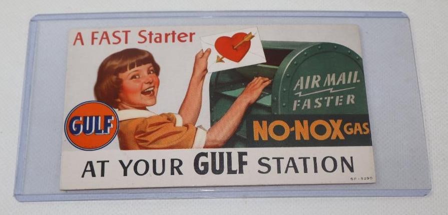 GULF NO-NOX GASOLINE ADVERTISING INK BLOTTER W/ GIRL GRAPHIC.: 6" x 3.5". CONDITION: INK BLOTTER IS IN BRILLIANT CONDITION WITH NO NOTABLE FIELD WEAR AND ONLY LIGHT EDGE WEAR SHOWING YOUNG GIRL MAILING A LOVE LETTER GRAPHIC WITH ?A FAST STARTER? SLOGAN.