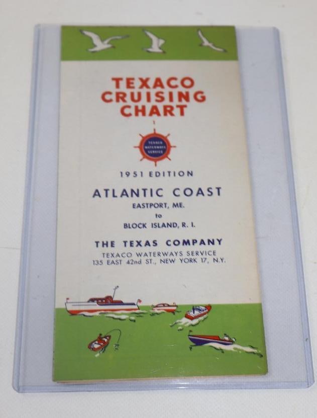 N.O.S. TEXACO ATLANTIC COAST CRUISING CHART WATERWAY MAP W/ MARINE GRAPHICS.: 9" X 4.5" WHEN FOLDED. NEW OLD STOCK 1951 TEXACO CRUISING CHART ATLANTIC WATERWAYS MAP SHOWING ICONIC TEXACO MARINE GRAPHICS. CONDITION: MAP WAS FOUND N.O.S. AND IN BRILLIANT CONDITION SHOWING NO NOTA