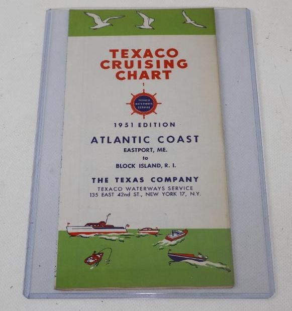 N.O.S. TEXACO ATLANTIC COAST CRUISING CHART WATERWAY MAP W/ MARINE GRAPHICS.: 9" X 4.5" WHEN FOLDED. NEW OLD STOCK 1951 TEXACO CRUISING CHART ATLANTIC WATERWAYS MAP SHOWING ICONIC TEXACO MARINE GRAPHICS. CONDITION: MAP WAS FOUND N.O.S. AND IN BRILLIANT CONDITION SHOWING NO NOTA