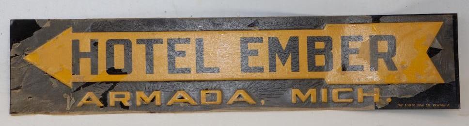 NEW OLD STOCK HOTEL EMBER ARMADA, MICHIGAN EMBOSSED TIN SIGN W/ ARROW GRAPHIC. (1 of 2)